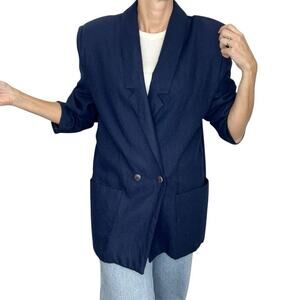 Vintage Anne Klein II Bergdorf Goodman Silk Blazer Jacket 80s Navy XS/S/M